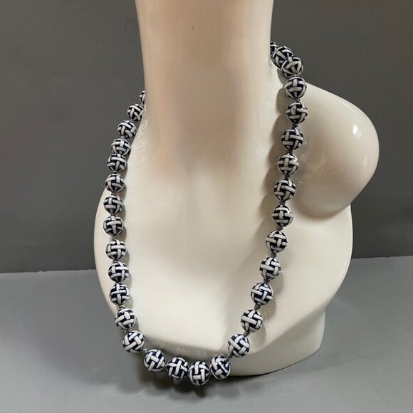 Ceramic Bead Necklace Blue and White Geometric Pattern - Picture 2 of 6